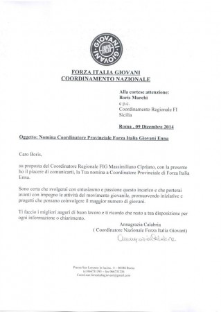 ENNA - 09/12/2014 Nominato Boris Marchì nuovo Coordinatore di Forza Italia Giovani in Provincia di Enna