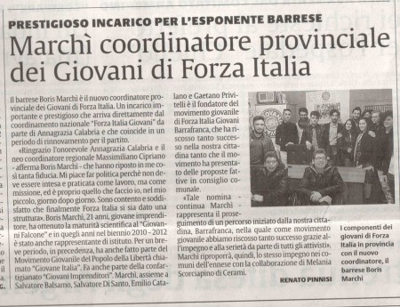 ENNA - La Sicilia, Enna "Marchì Coordinatore Provinciale dei Giovani di Forza Italia. Prestigioso incarico per l'esponente barrese"